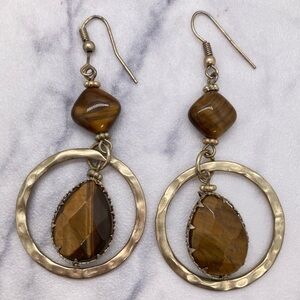 Tiger’s Eye Dangle Earrings Gold Tone Metal Hook Style